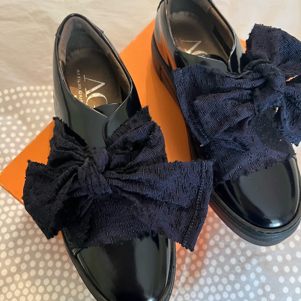 AGL Black Patent Loafers with Navy Bow